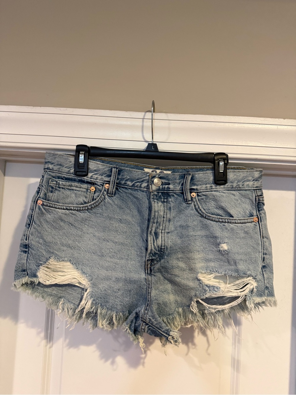 We The Free High Waist Button Fly Light Blue Distressed Denim Cutoff Shorts